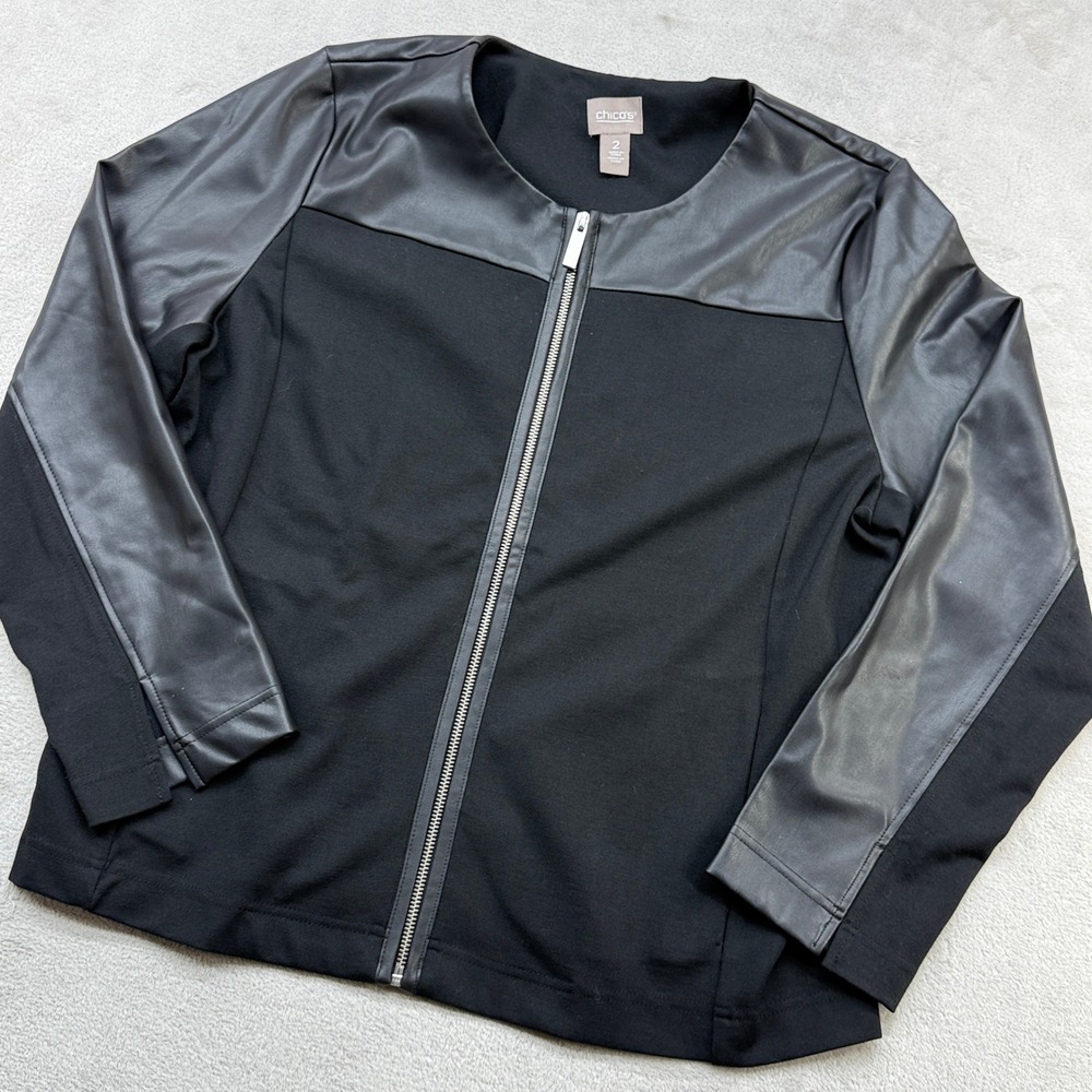 Chico's Jacket Women's 2 Black Faux Leather Mixed Media Moto Full Zip Biker Chic